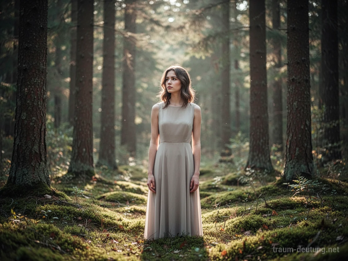 Prinzessin steht in einem lichten Wald und blickt nachdenklich.