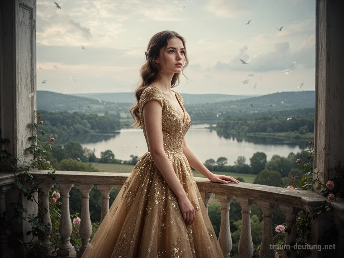 Prinzessin in einem schimmernden goldenen Kleid auf einem Balkon