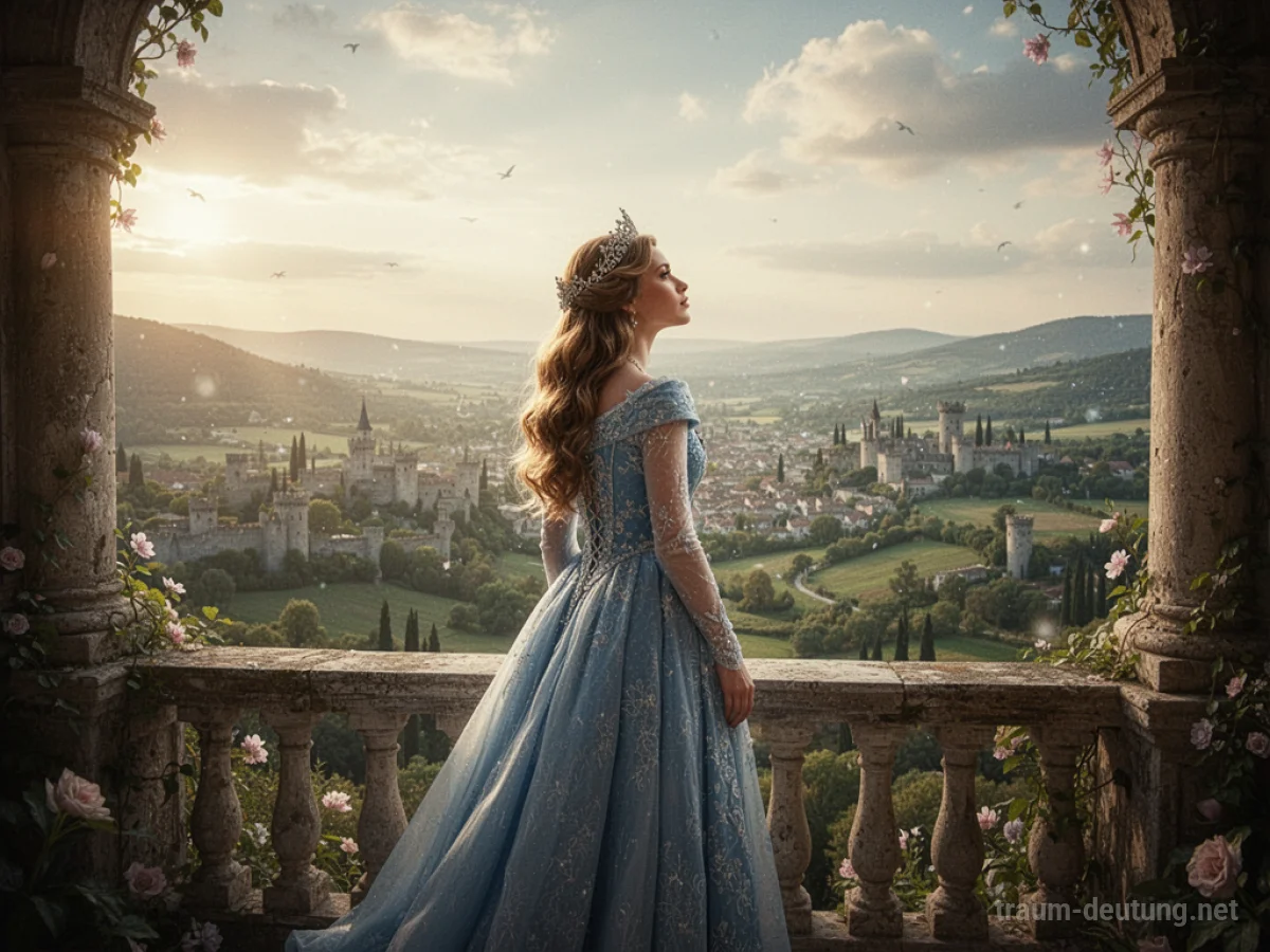 Prinzessin steht allein auf einem Balkon und blickt auf ihr Königreich.