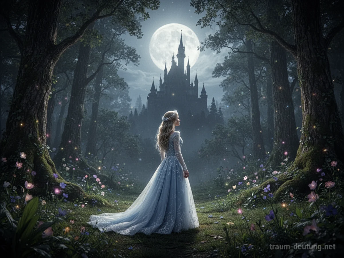 Eine einsame Prinzessin steht in einem märchenhaften Wald und blickt in die Ferne.