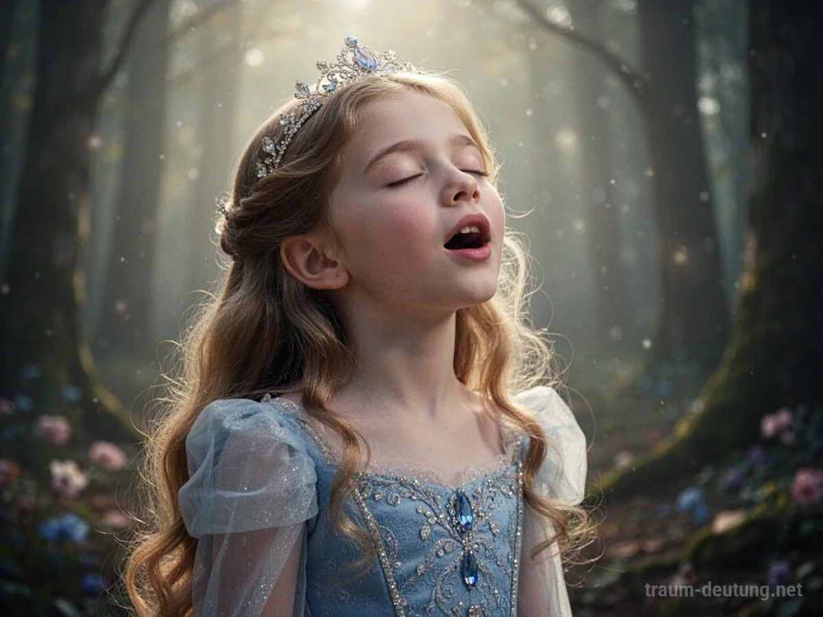 Eine Prinzessin singt mit geschlossenen Augen im sanften Licht.
