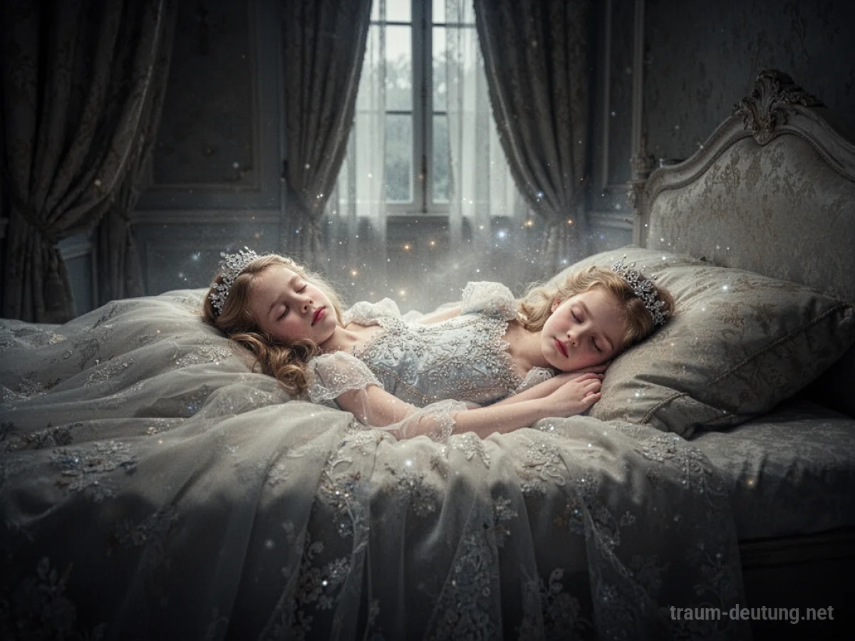 Eine Prinzessin liegt friedlich im Bett, umgeben von sanftem Licht.