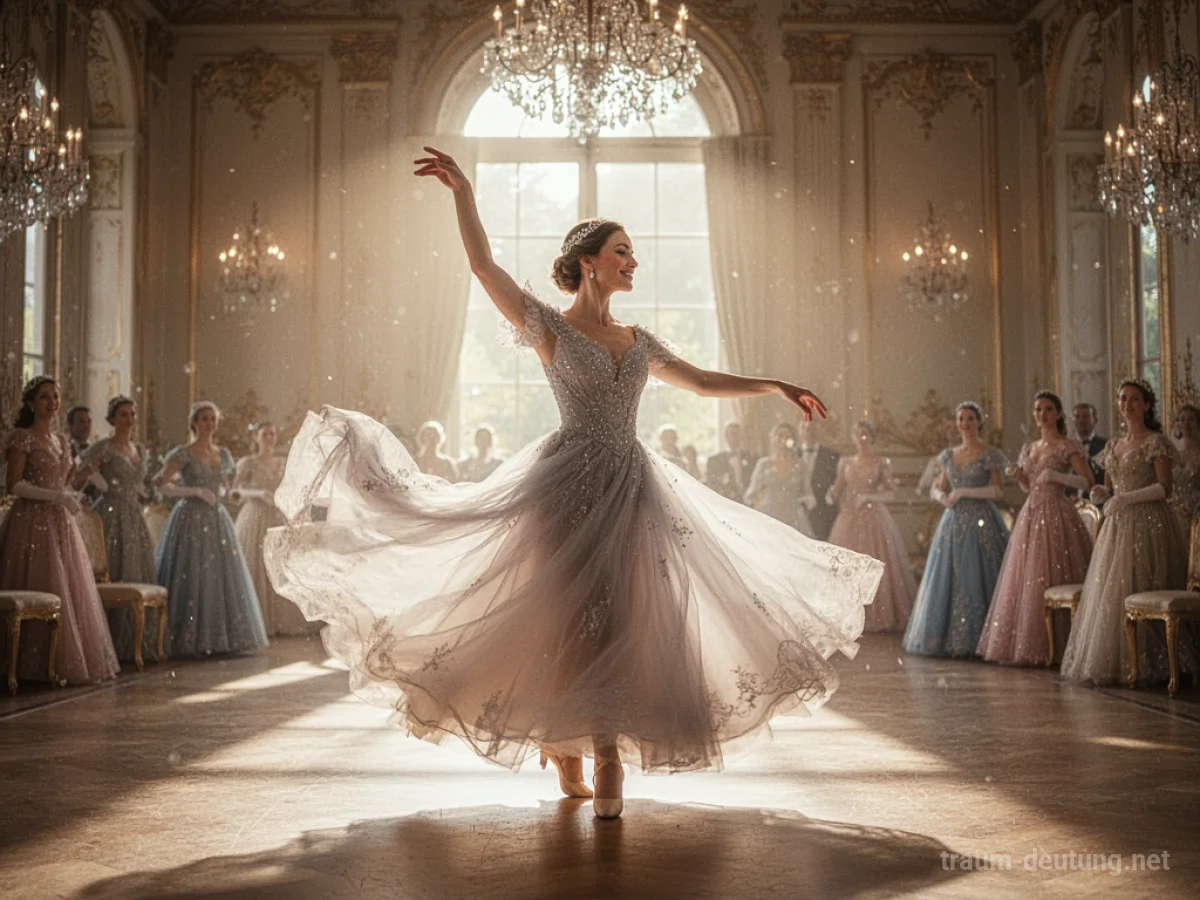 Eine Prinzessin tanzt elegant in einem hellen Ballsaal.