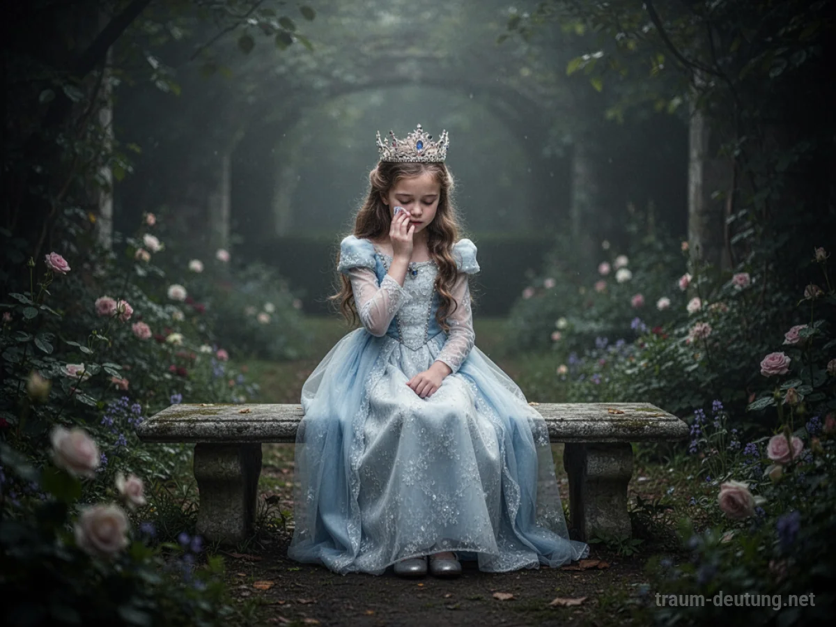 Prinzessin sitzt allein in einem Garten und weint