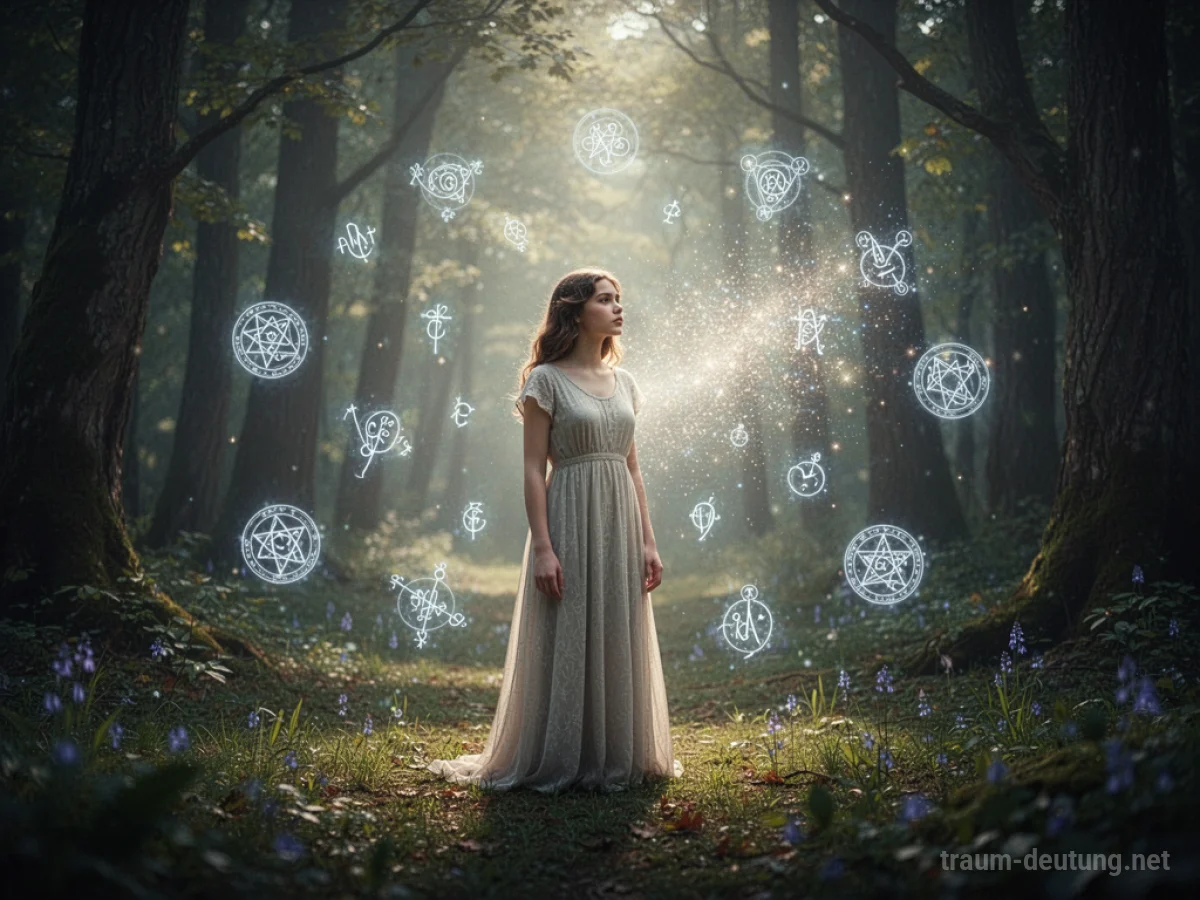 Eine junge Frau in einem Wald, die sich in einem magischen Licht verwandelt