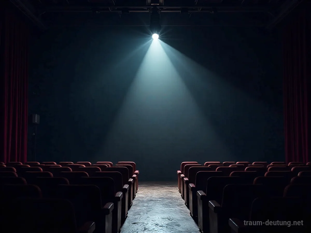 Leeres Theaterpublikum im Traum, ein Scheinwerfer beleuchtet die Bühne.