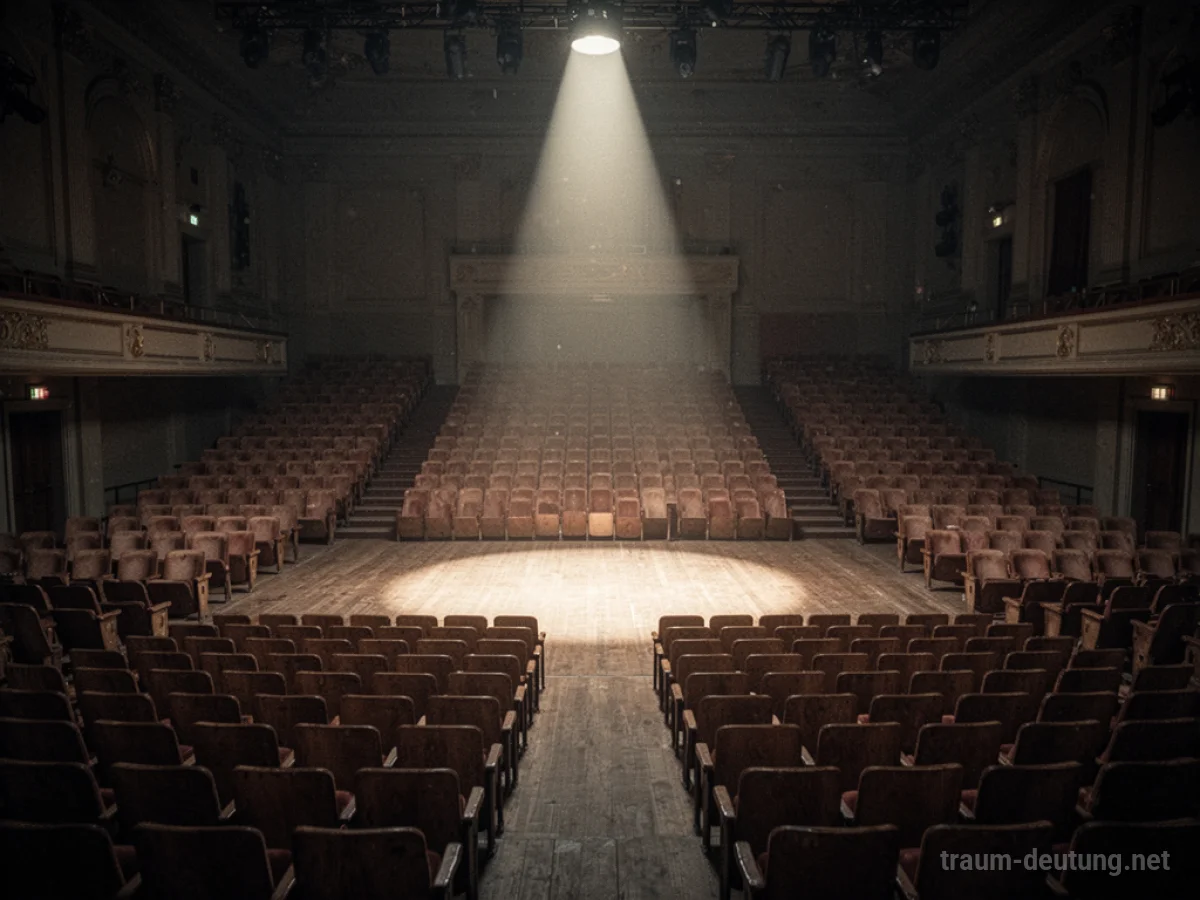 Leeres Auditorium mit vielen leeren Stühlen und einem einzelnen Scheinwerfer auf der Bühne.