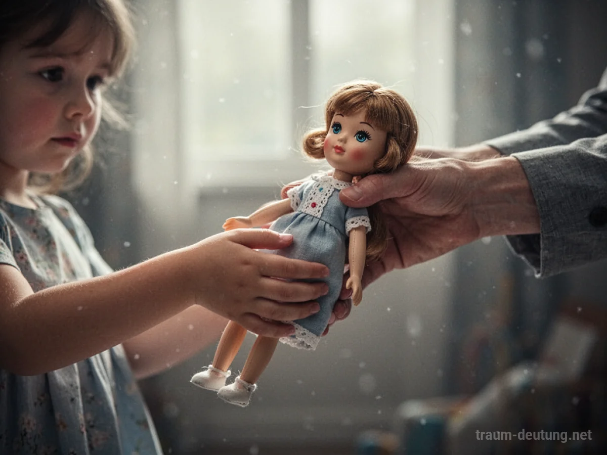 Kind erhält eine Puppe als Geschenk von einer erwachsenen Hand.