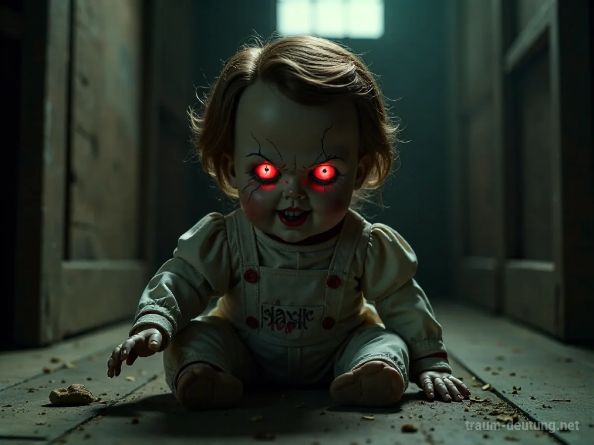 Eine unheimliche Puppe mit roten Augen erhebt sich zum Angriff in einem dunklen Raum.