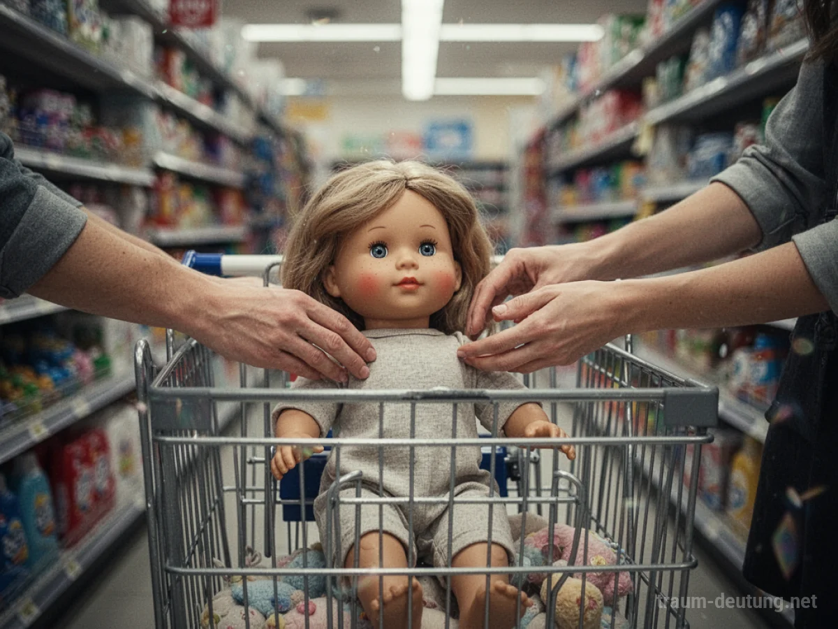 Hände legen eine neue Puppe in einen Einkaufswagen