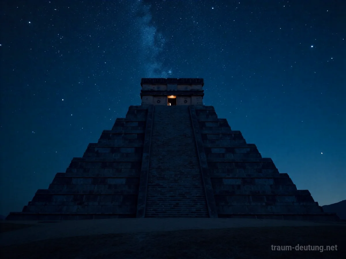 Eine Pyramide steht dunkel gegen den Nachthimmel mit Sternen.