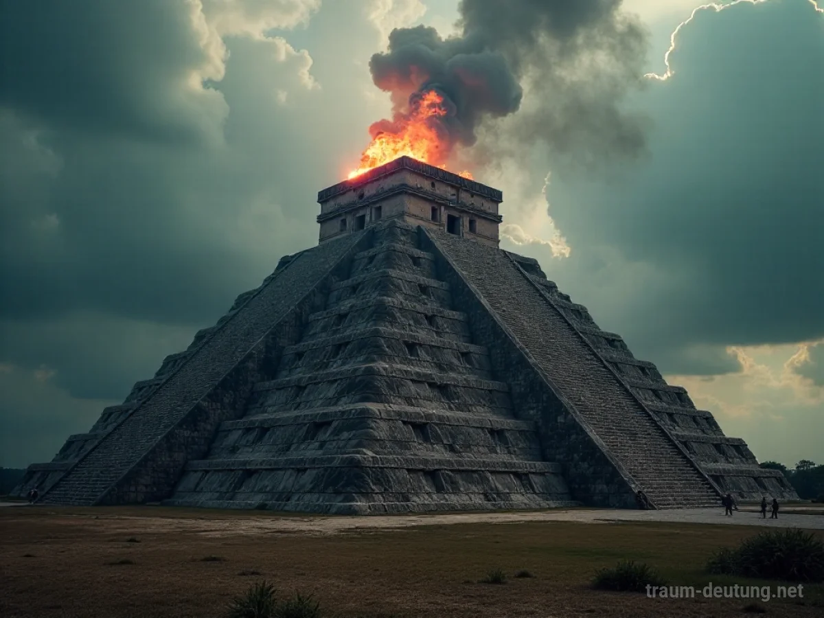 Explodierende Pyramide im Traum mit Rauchentwicklung und Trümmern vor stürmischem Himmel.