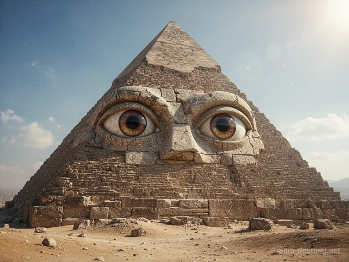 Eine Pyramide aus Stein mit großen, wachsamen Augen, die in ihre Oberfläche geschnitzt sind, unter strahlend blauem Himmel.