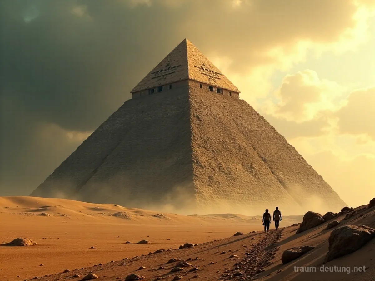 Eine Pyramide im Traum, bedroht von dunklen Silhouetten im Wüstenland