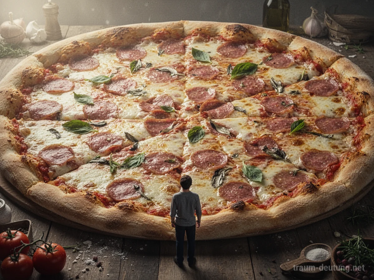 Eine riesige Pizza, die den gesamten Bildrahmen einnimmt, mit einer kleinen Person, die davor steht.