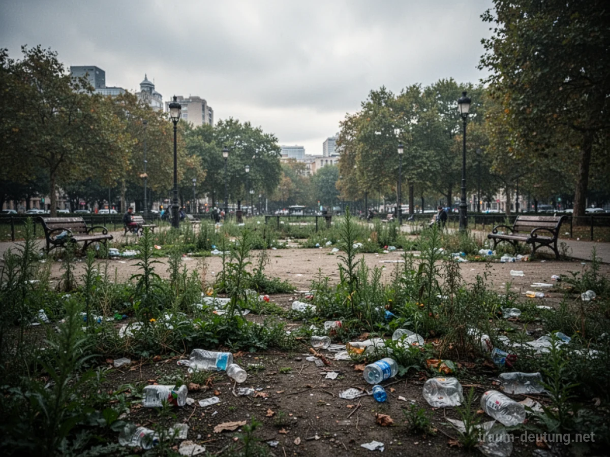 Ein vernachlässigter Park mit Unkraut und Müll.