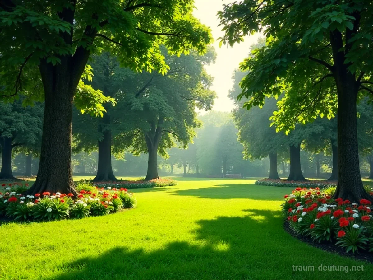 Ein idyllischer Park mit grünen Wiesen und blühenden Blumen, sonnendurchflutet