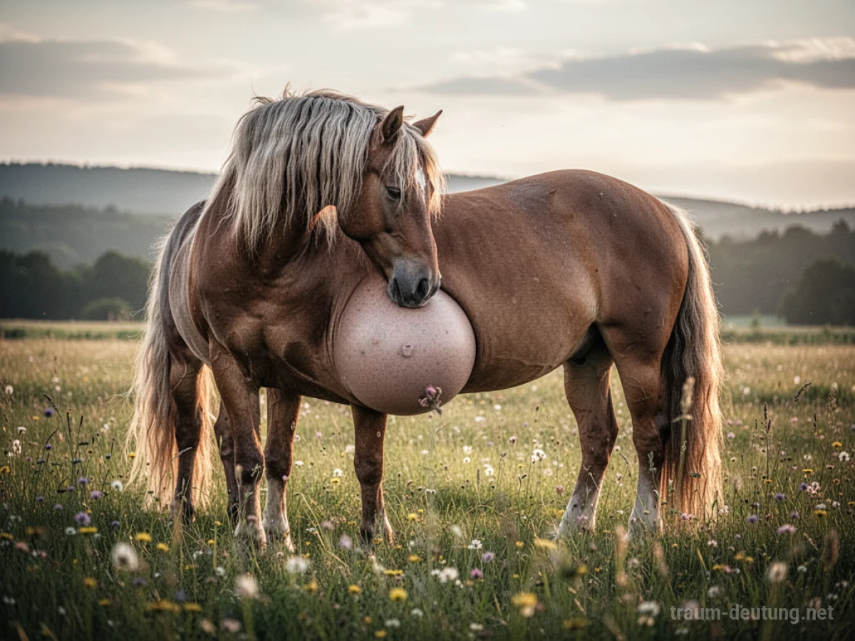 Schwangeres Pferd steht auf einer sonnigen Wiese.