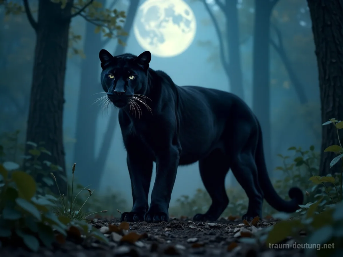 Ein schwarzer Panther mit leuchtenden Augen steht im Schatten eines Waldes.