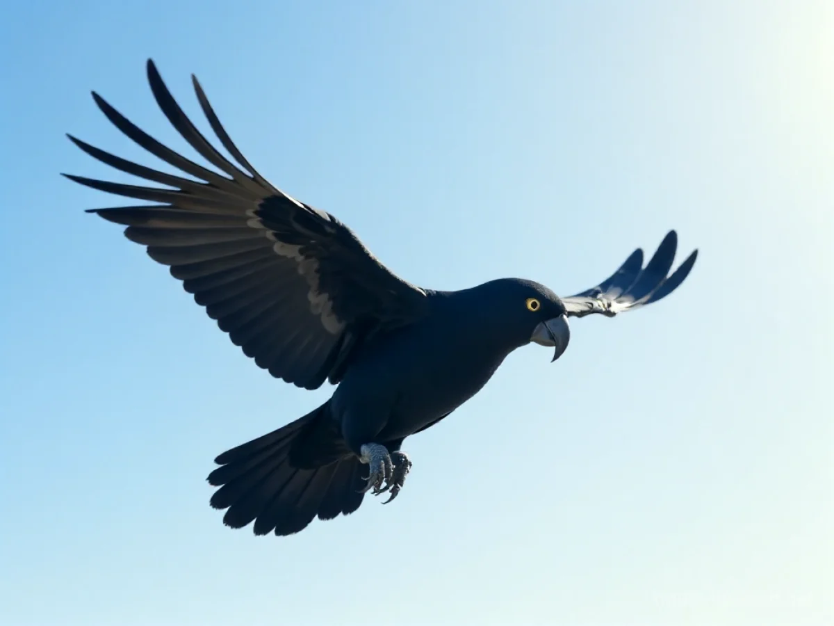 Schwarzer Papagei fliegt hoch am Himmel