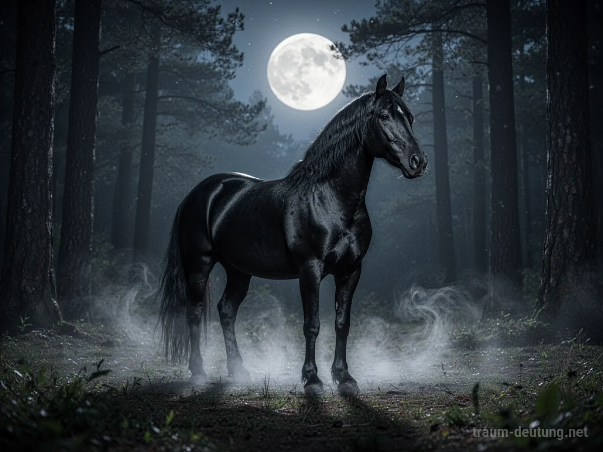 Majestätisches schwarzes Pferd in einem mondbeschienenen Wald