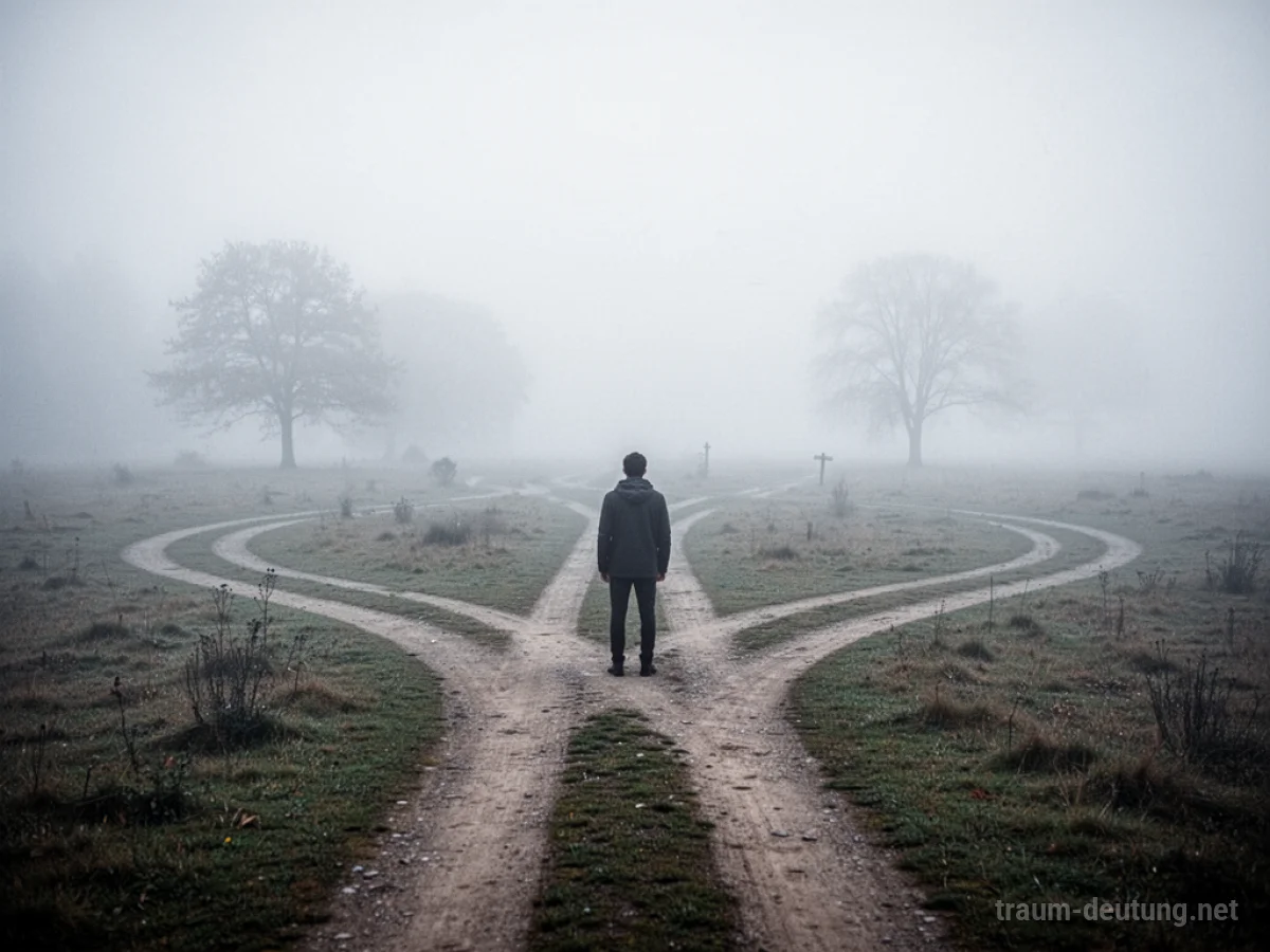 Eine einsame Figur an einer Weggabelung im Nebel