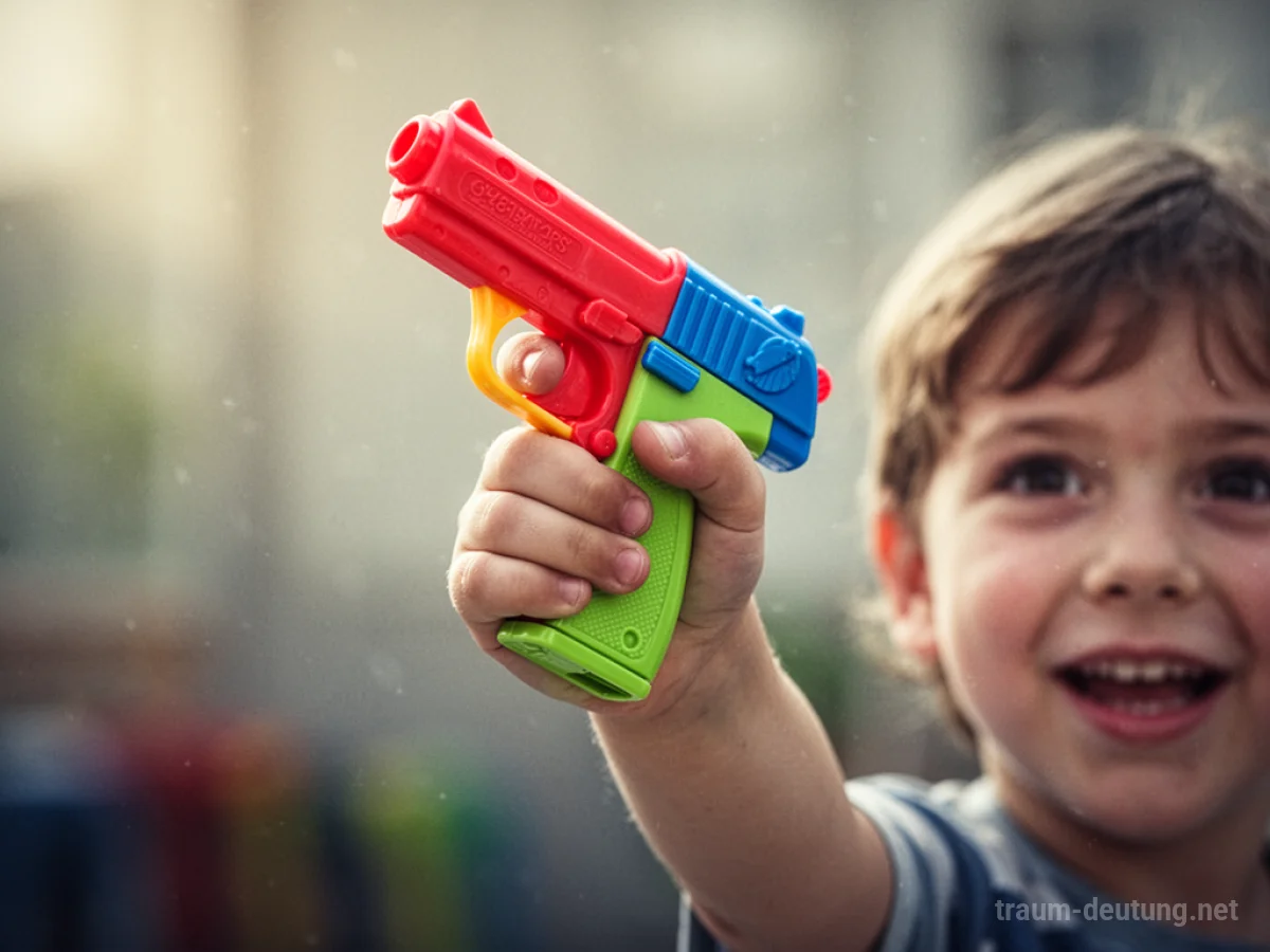 Hand hält eine bunte Spielzeugpistole