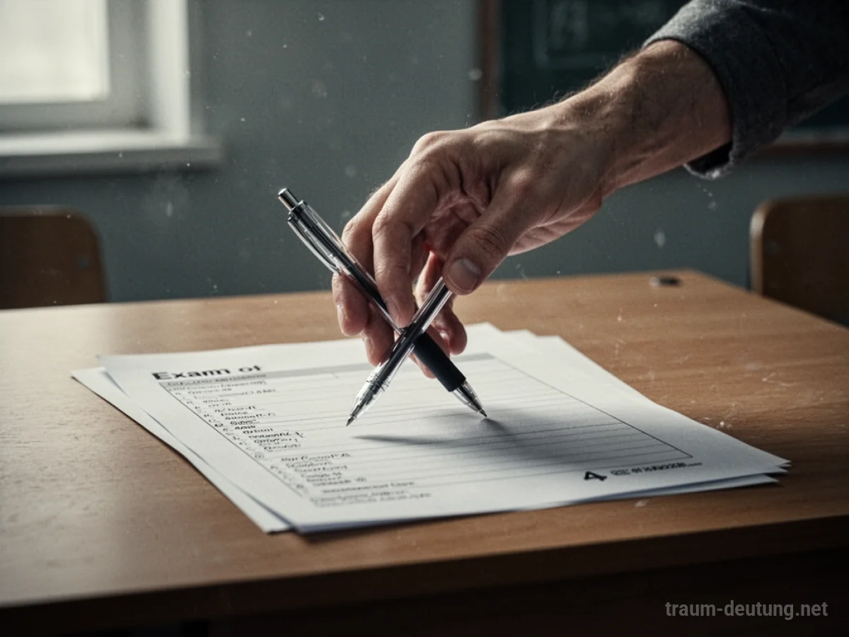 Ein vergessener Stift liegt unerreichbar neben einem leeren Prüfungsblatt.