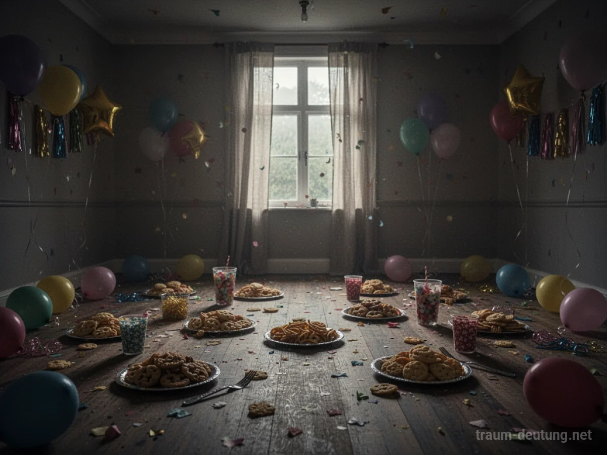 Leere Partykulisse mit unberührten Dekorationen und Snacks