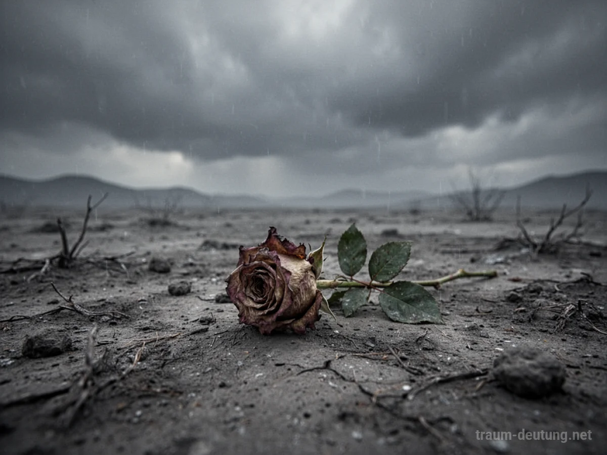Eine verwelkte Rose auf grauem Boden unter bedecktem Himmel