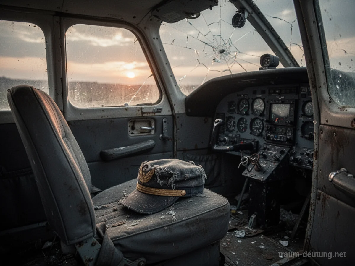 Leeres Cockpit mit einer verblassten Pilotenmütze auf dem Sitz