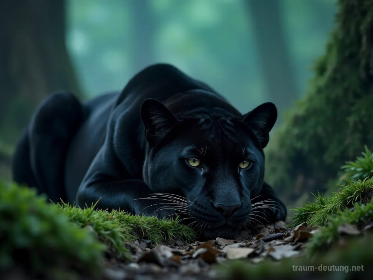 Ein schwarzer Panther liegt reglos auf moosigem Waldboden, die Augen geschlossen.