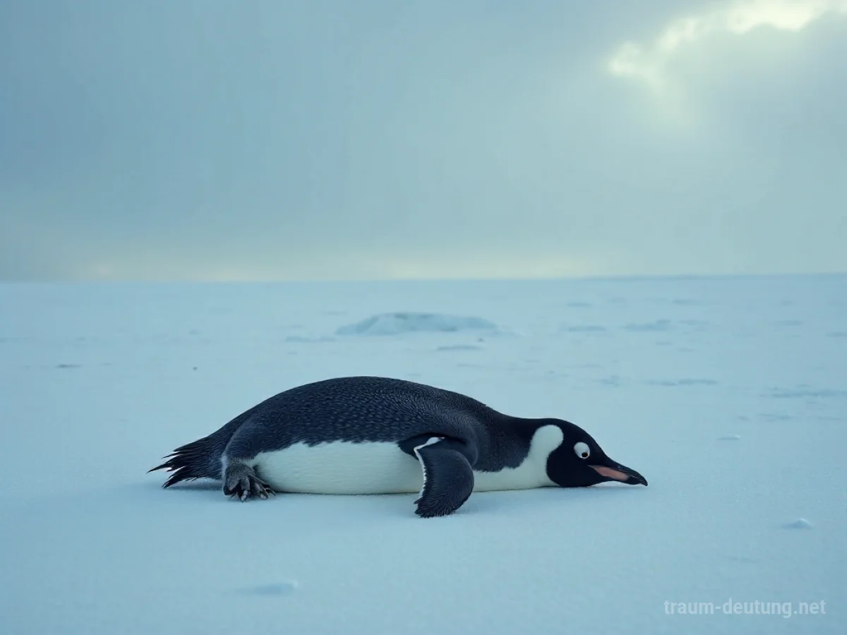 Ein toter Pinguin liegt auf Eis, umgeben von einer kargen Landschaft.