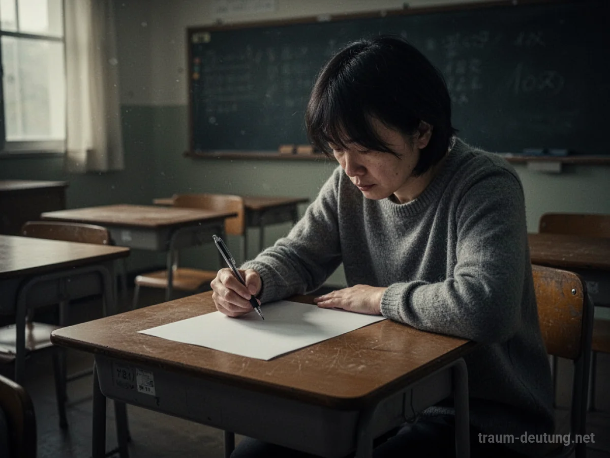 Person kann bei schriftlicher Prüfung nicht schreiben, hält Stift über leeres Blatt