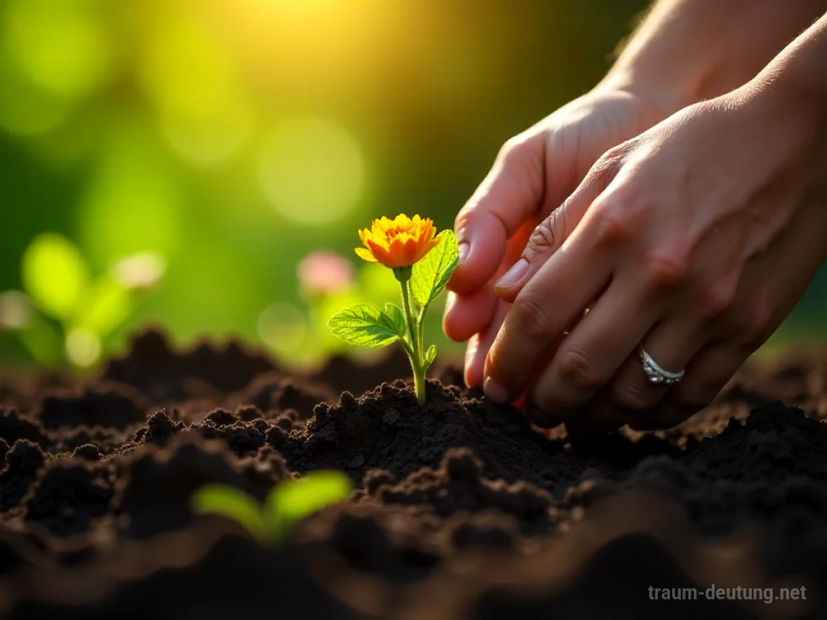 Hände pflanzen eine junge Blume in die Erde, im Hintergrund blühen bunte Blumen.