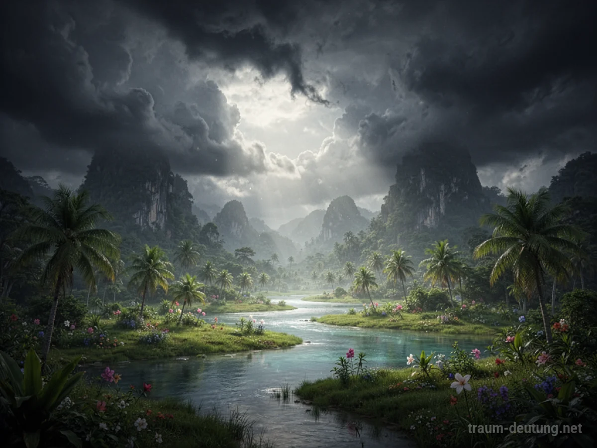 Ein einst strahlendes Paradies, das von dunklen Schatten und Wolken verhüllt wird.