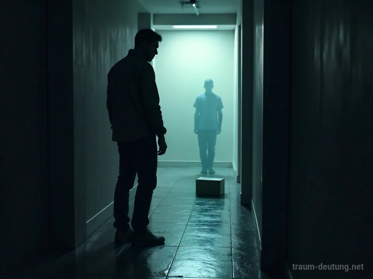 Silhouette einer Person, die einen leeren Platz betrachtet, wo ein Paket war, mit einer dunklen Gestalt in der Ferne.