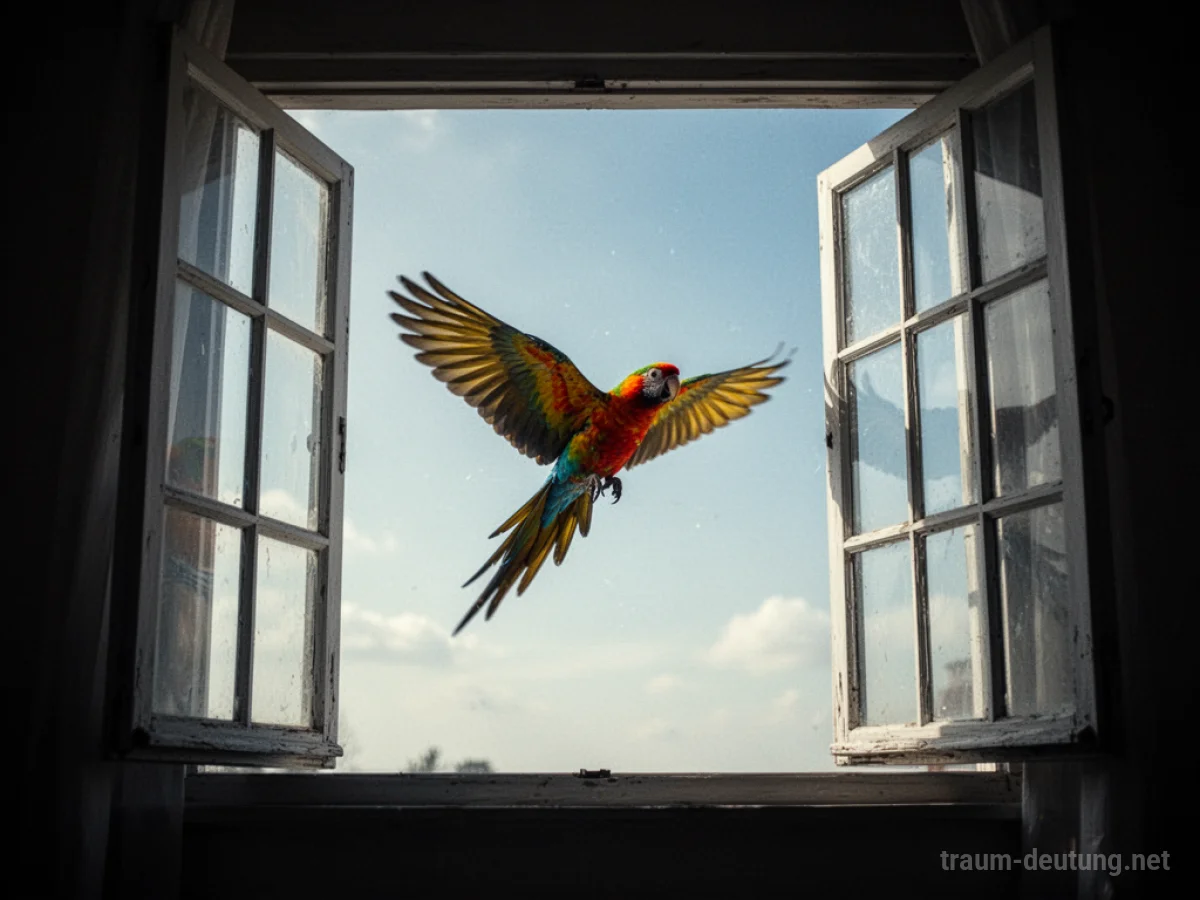 Ein bunter Papagei fliegt aus einem offenen Fenster davon.