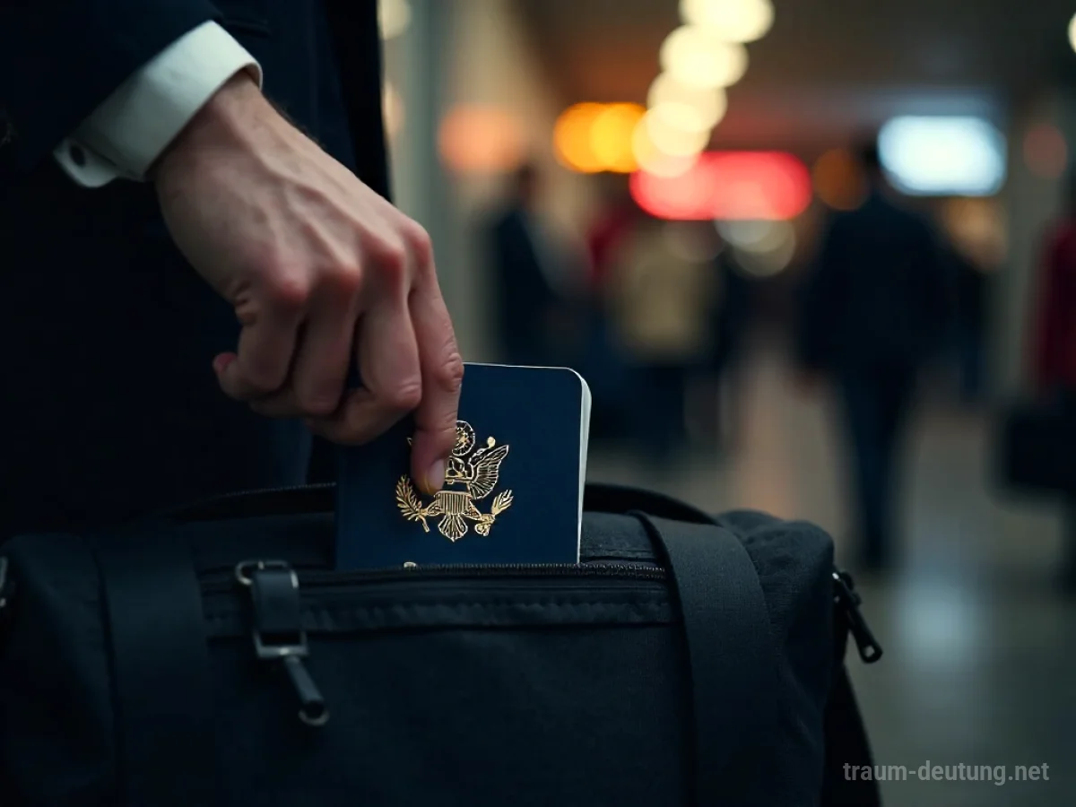Ein Dieb stiehlt einen Pass aus einer Tasche.