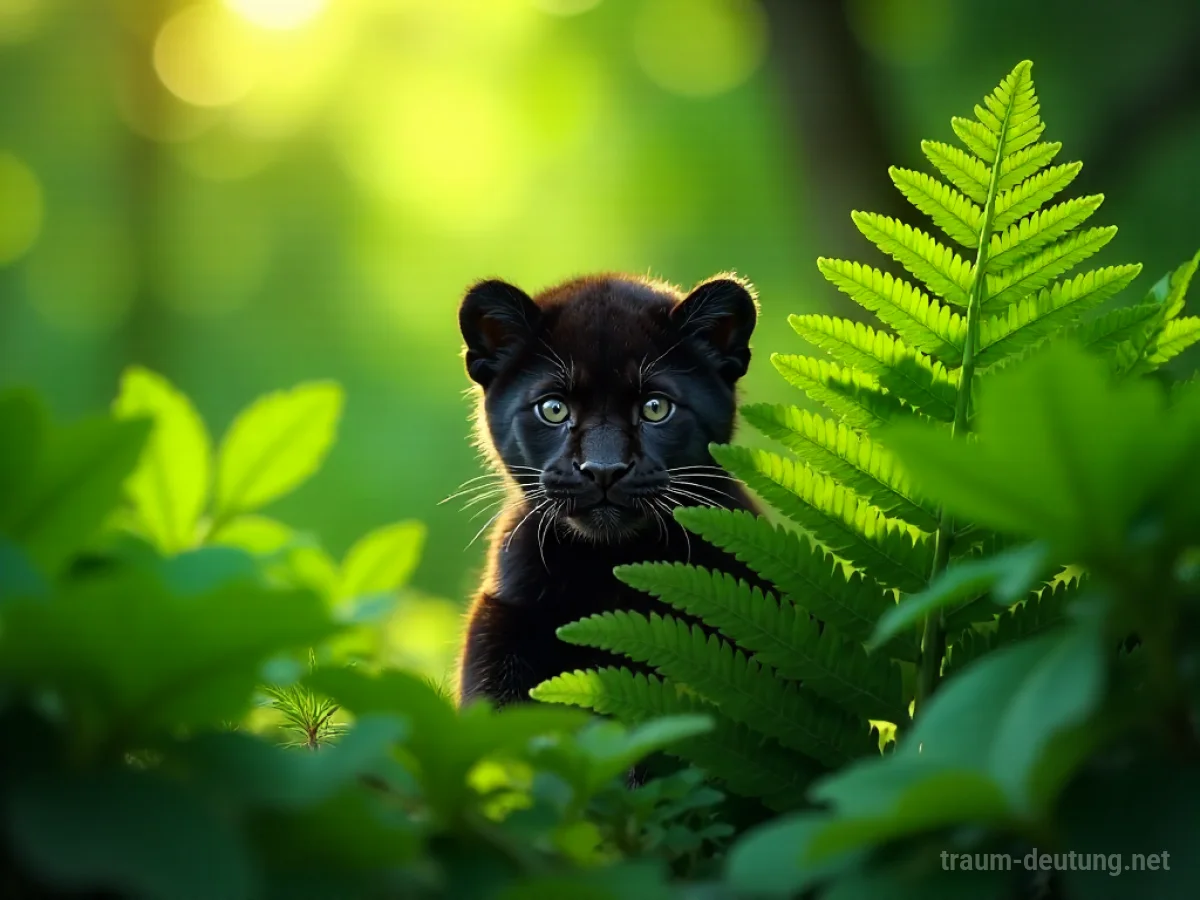 Ein kleines, flauschiges Pantherjunges schaut neugierig aus einem Farn hervor.