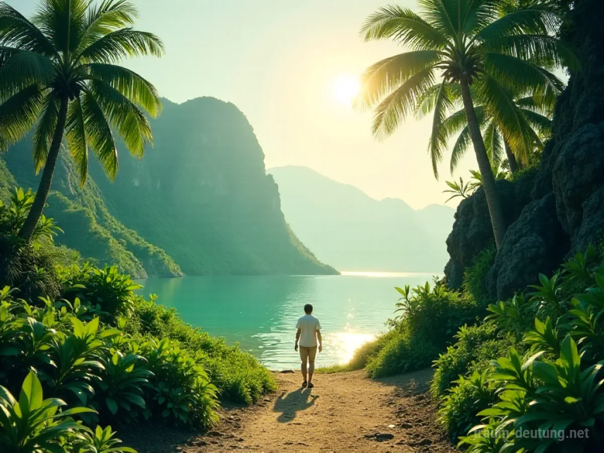 Eine Figur betritt eine sonnendurchflutete Landschaft, die ein Paradies darstellt.