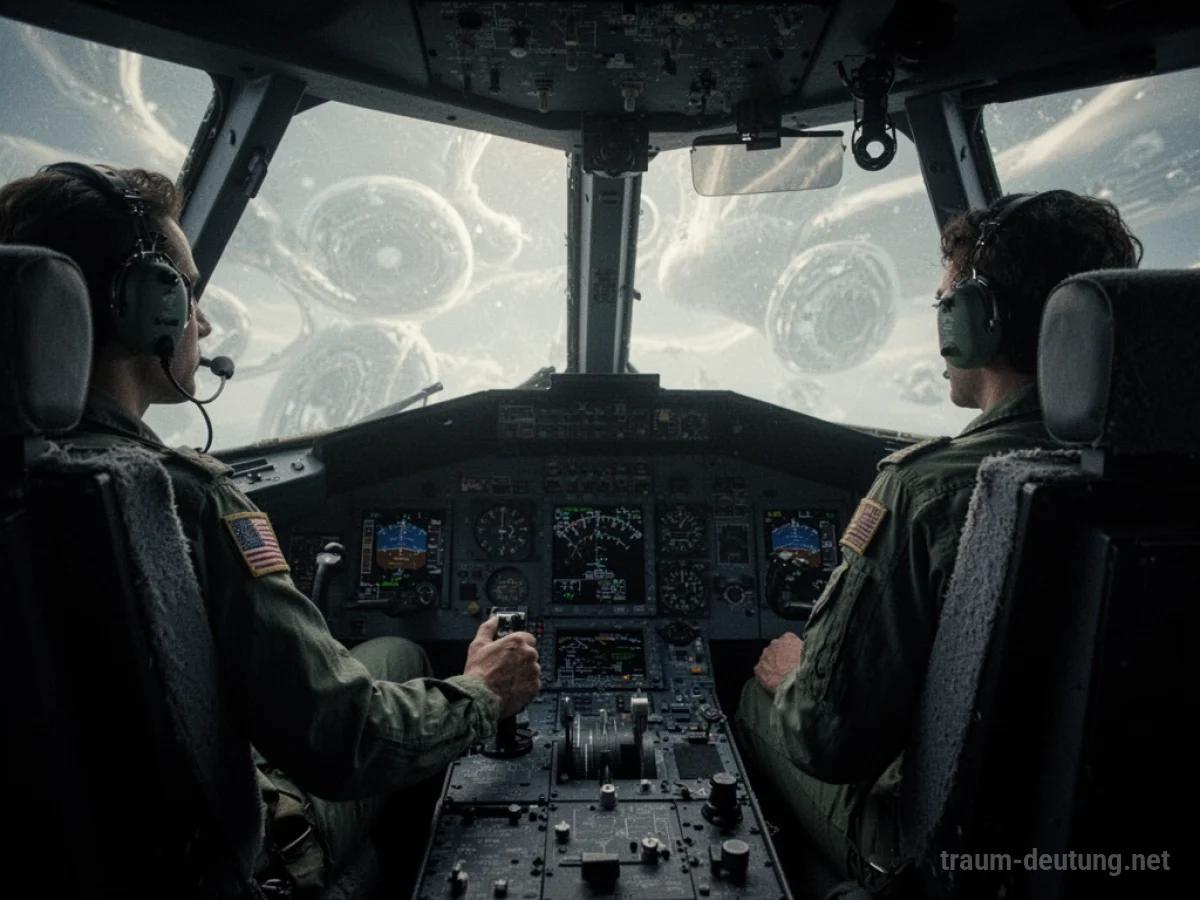 Pilot im Cockpit mit Händen auf den Steuern, Blick in den Himmel
