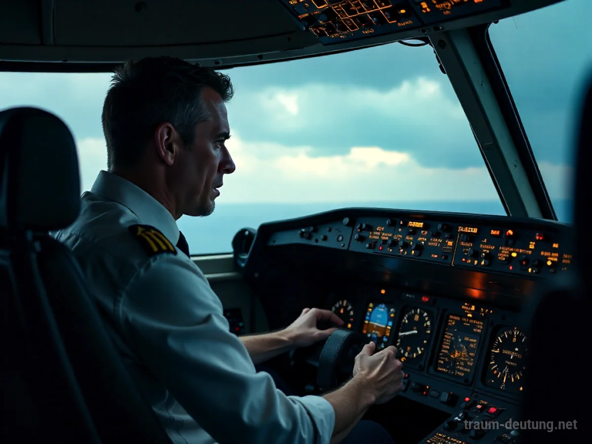 Pilot im Cockpit kämpft mit Steuerknüppel, Flugzeug im Sinkflug
