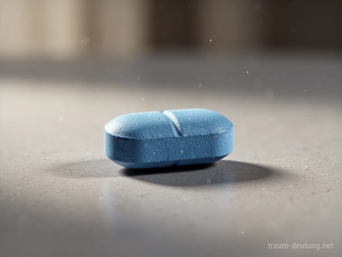 Eine einzelne blaue Pille liegt auf einer Oberfläche.