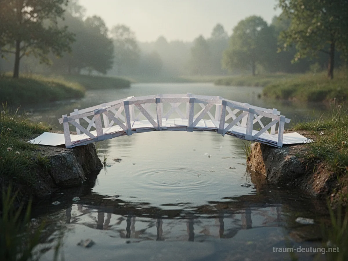 Eine filigrane Brücke aus Papier über einem Gewässer, die Zerbrechlichkeit und einen Übergang symbolisiert.
