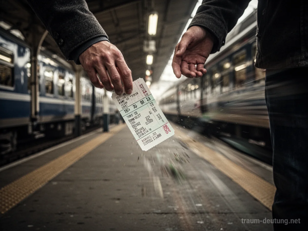 Eine Fahrkarte fällt aus einer Hand auf einem Bahnsteig.