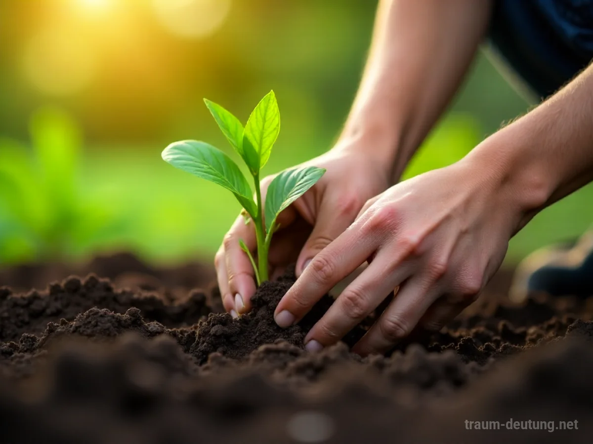 Hände pflanzen eine junge Palme in die Erde.