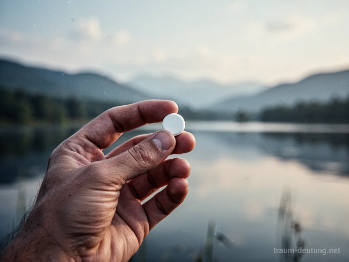 Hand hält eine weiße Pille, im Hintergrund eine ruhige Landschaft.