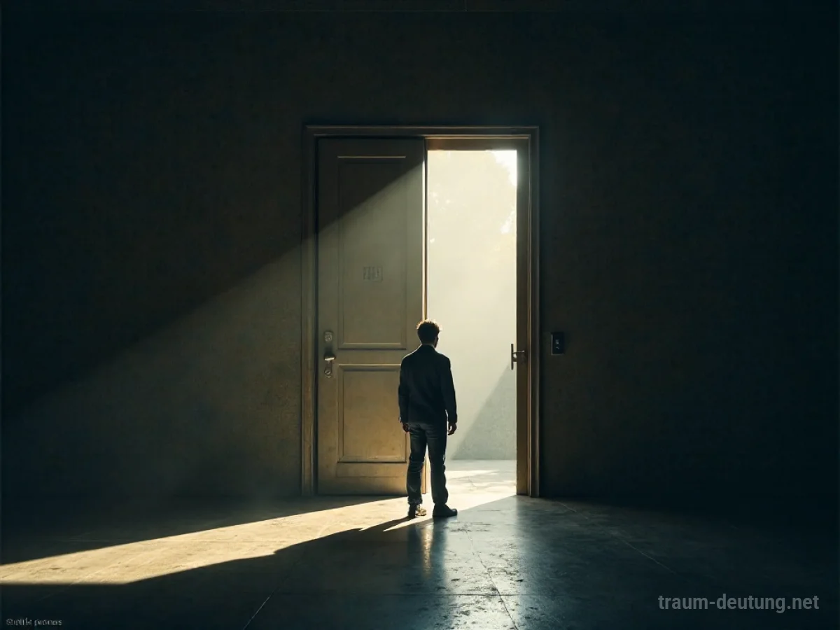 Silhouette einer Person vor einer großen Tür mit einem Fragezeichen.