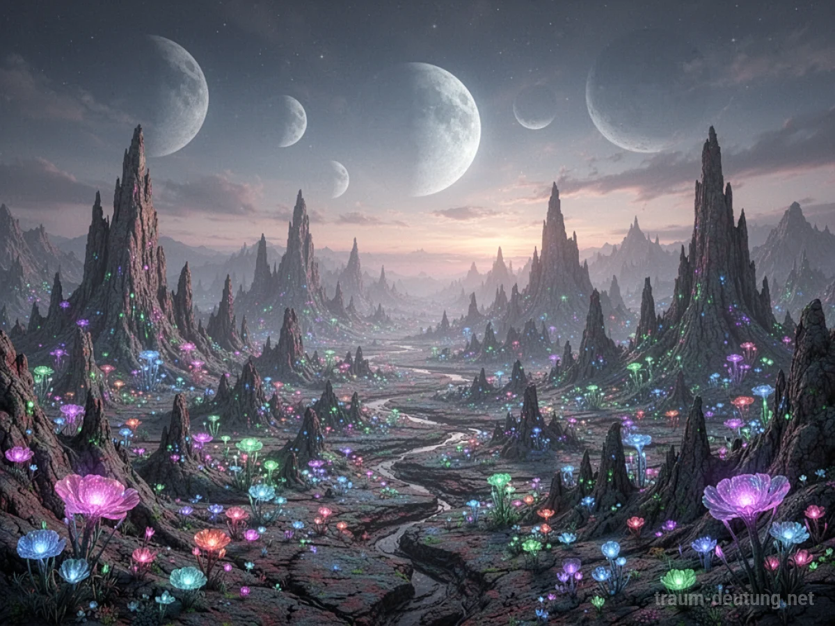 Ein unbekannter Planet mit seltsamen Formationen und leuchtenden Pflanzen unter einem Himmel mit mehreren Monden.
